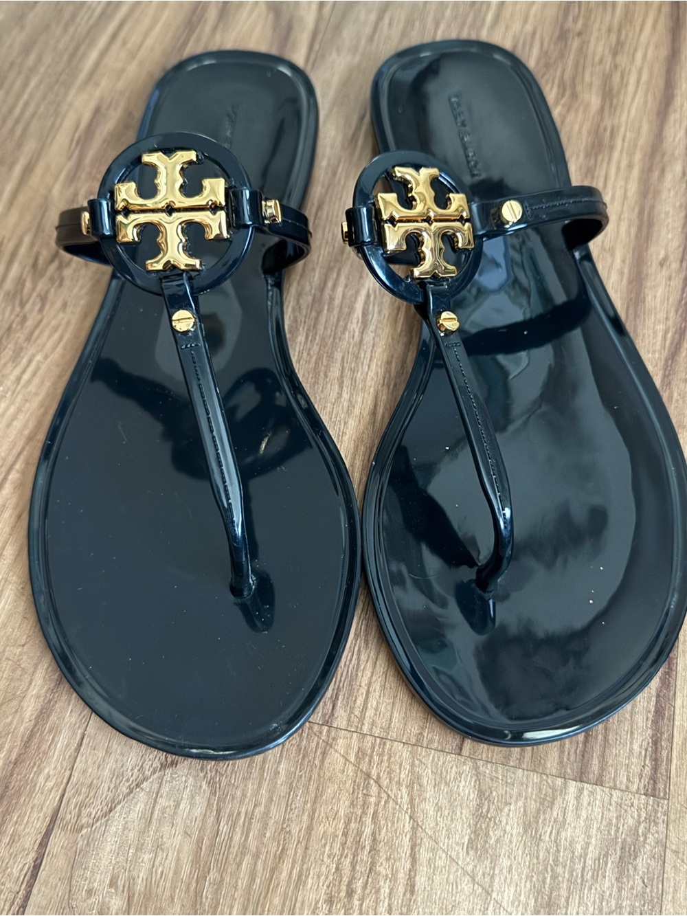 Tory Burch Black Jelly Thong Sandals with Gold Logo